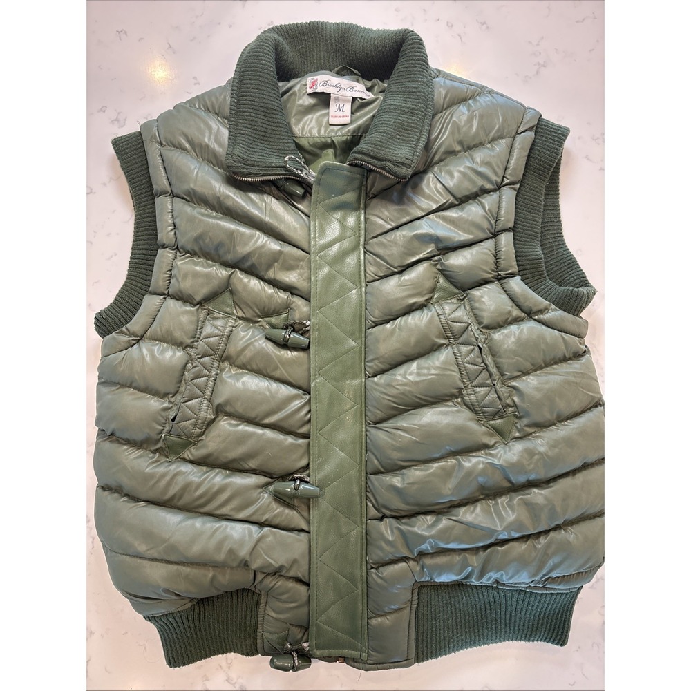 VTG Y2K Puffer Vest Brooklyn Basement Leather Trim Toggle Buttons Olive GR Men M